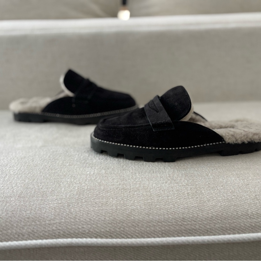 Jimmy Choo Ronnie Flate Black Suede Loafers with Fur Lining and Rhinestones